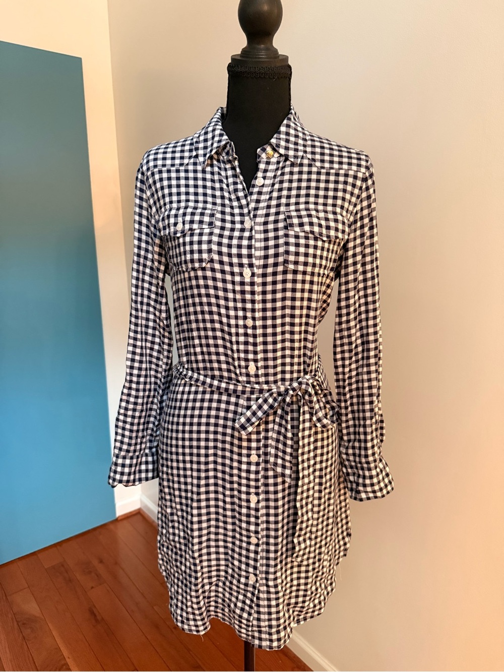 Draper James Gingham Button-Front Shirt Dress in Navy and White- Size 6
